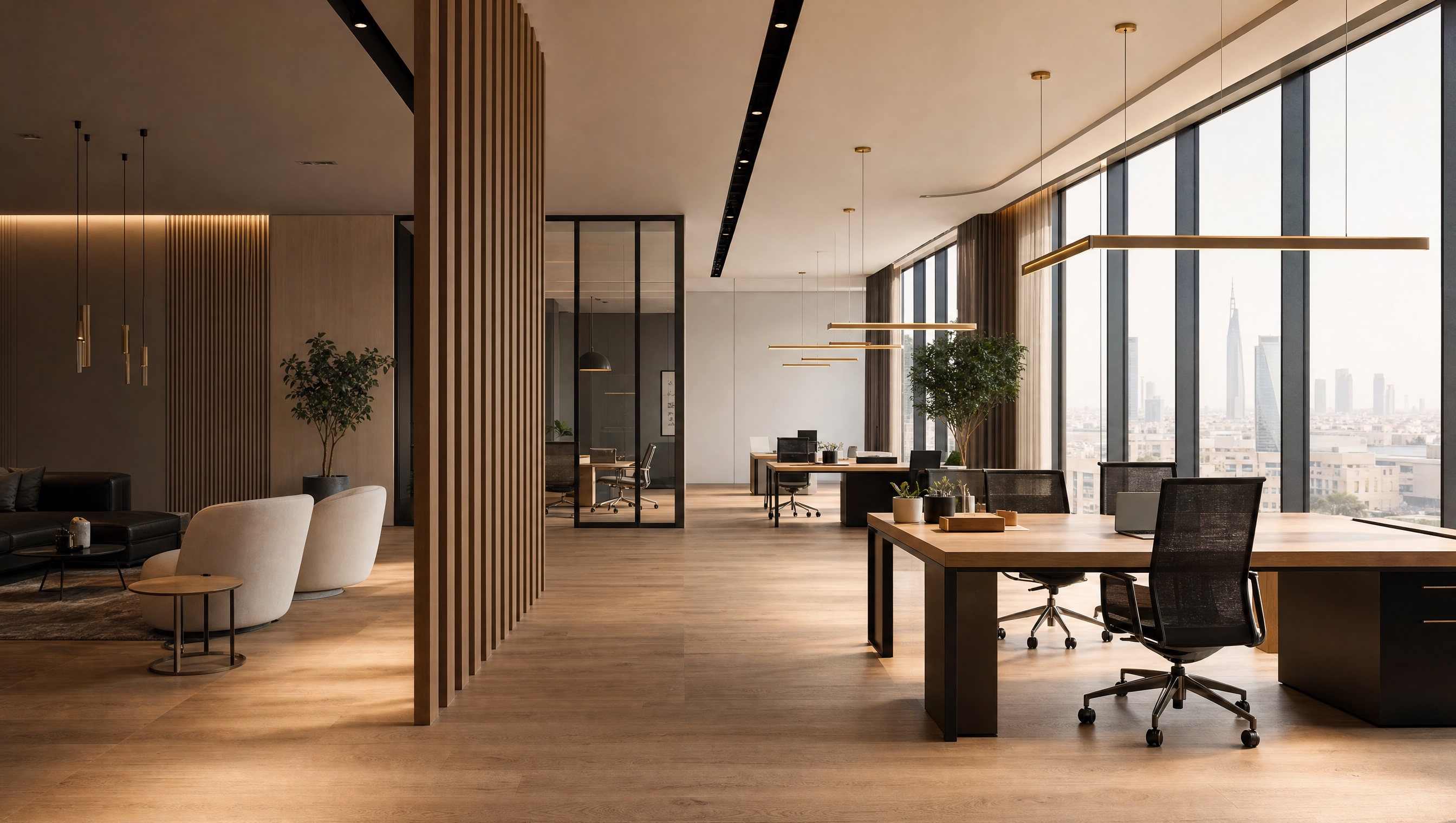 Sunlit premium fitout interior where light, material, and proportion define the space